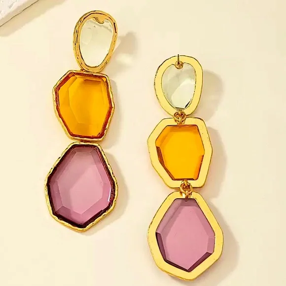 Boho Multicolor Handmade Dangle Earrings Stainless Steel Vibrant Gold Plated - Picture 4 of 5